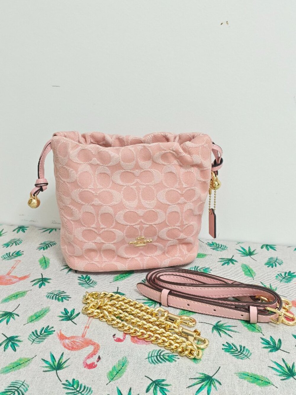 Coach Pink Signature Drawstring Bucket Bag